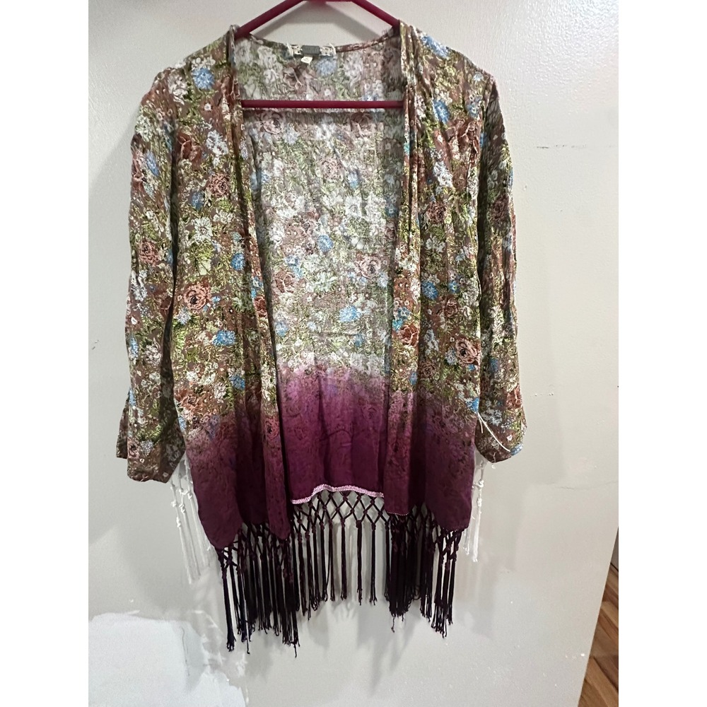 Gimmicks by BKE Floral Ombre Fringe Kimono Cardigan Festival Boho Womens Medium